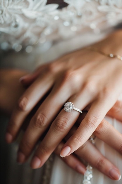 a woman wearing a ring that says engagement ring