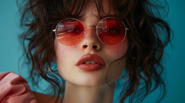 Photo a woman wearing round glasses with a pair of red lenses