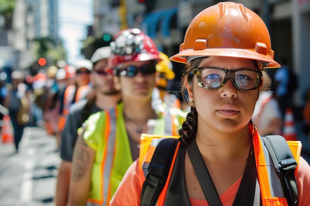 Woman Wearing Safety Glasses and Hard Hat Stands in Line With Other Workers