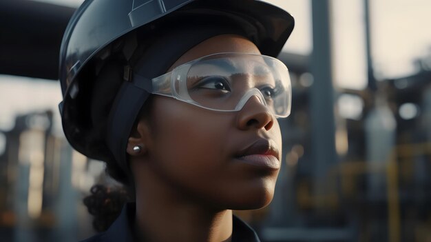 A woman wearing safety goggles looks up at a factory.