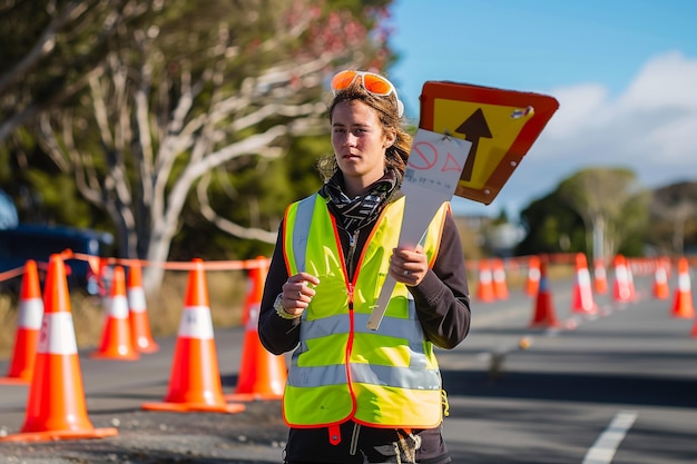 a woman wearing a safety vest with a sign that says quot t quot on it