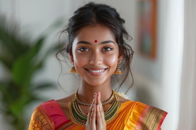 Photo a woman wearing a sari smiles with her hands on her hips