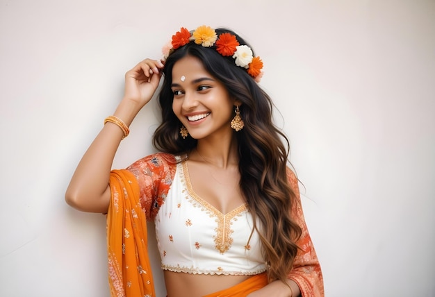 a woman wearing a sari with flowers on her head