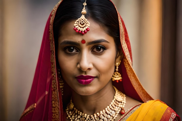 a woman wearing a sari with a red bangle on her head