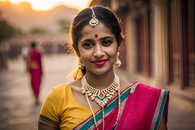 a woman wearing a sari with a red cross on her chest