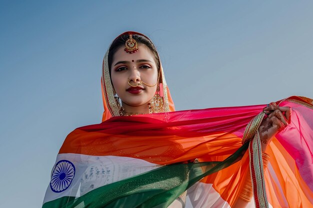 Photo a woman wearing a sari with the word indian on it