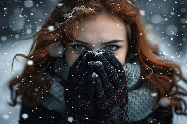 a woman wearing a scarf and gloves covering her face with snow