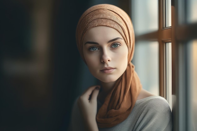 A woman wearing a scarf on her head looks out a window.