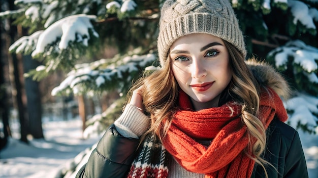 a woman wearing a scarf and scarf is standing in front of a snowy tree