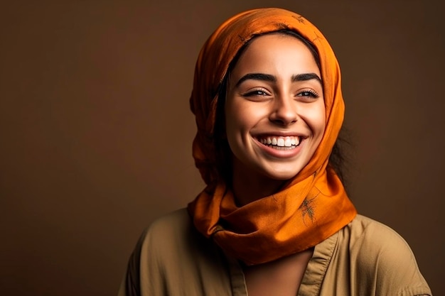 A woman wearing a scarf and a scarf smiles