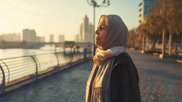 Photo a woman wearing a scarf stands on a sidewalk near a body of water