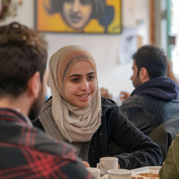 a woman wearing a scarf with a face on it