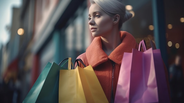 Woman wearing several colorful shopping bags AI generated