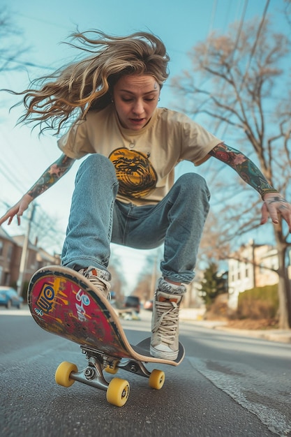 a woman wearing a shirt and riding sketch board