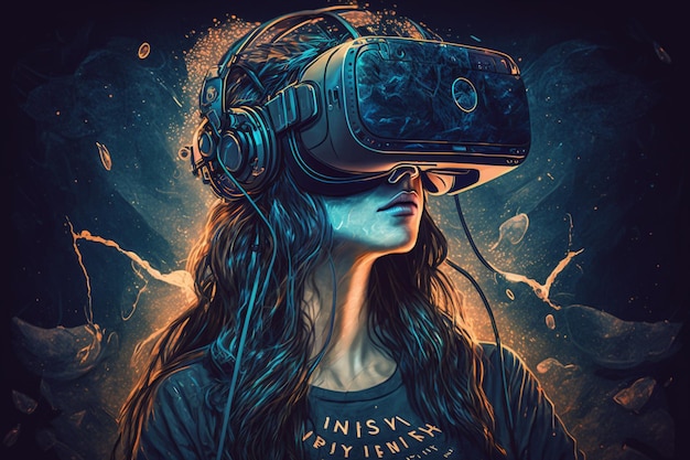 A woman wearing a shirt that says invov is wearing a virtual reality goggles.