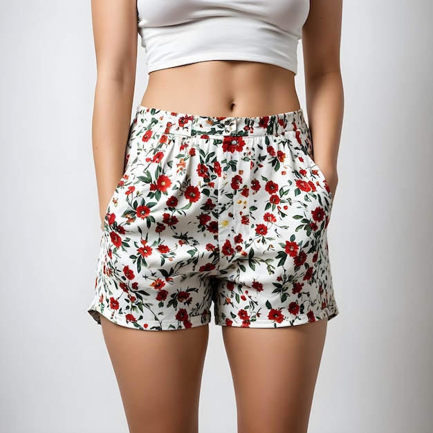 Photo a woman wearing shorts with a white top that says  spring  on it