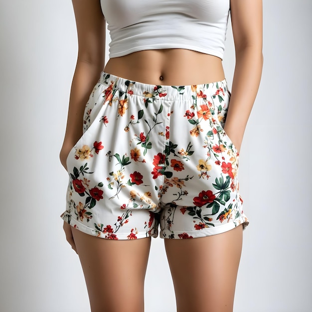 Photo a woman wearing shorts with a white top that says quot spring quot on it