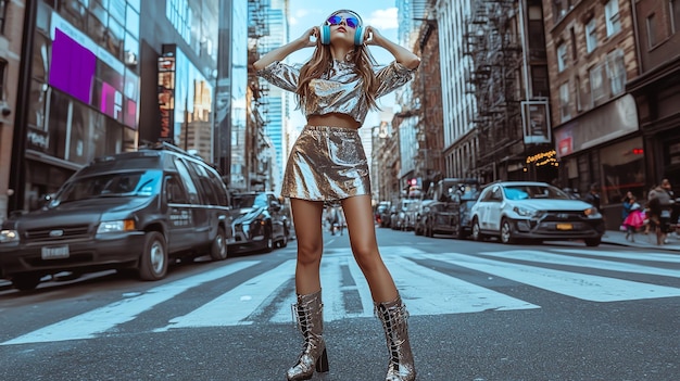 Photo a woman wearing a silver skirt and top sunglasses and headphones stands in the middle of a crosswalk in a city