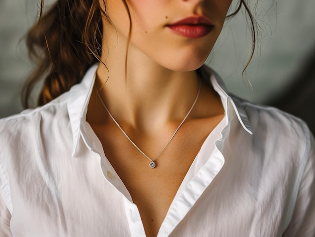 A woman wearing a simple silver necklace with a small pendant