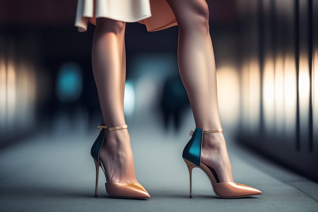 Photo a woman wearing a skirt and a skirt walks down a street, wearing a pair of high heeled shoes.