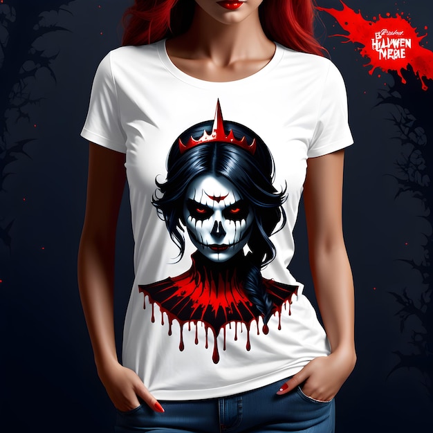 a woman wearing a skull and a skull t shirt with a skull on the front