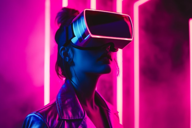 Woman wearing a sleek virtual reality headset surrounded by neon red and blue lights