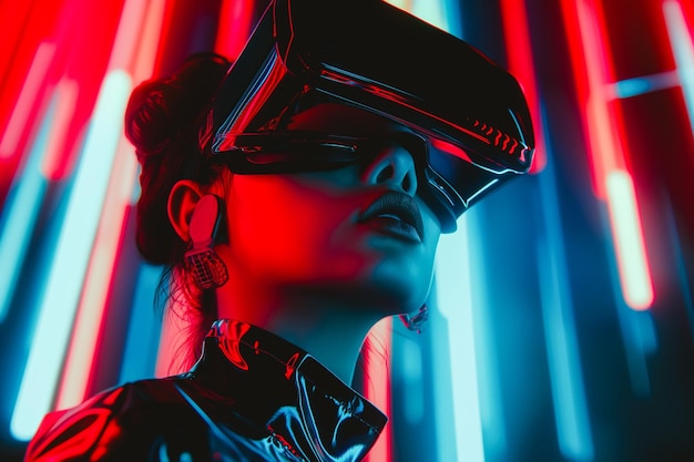 Woman wearing a sleek virtual reality headset surrounded by neon red and blue lights