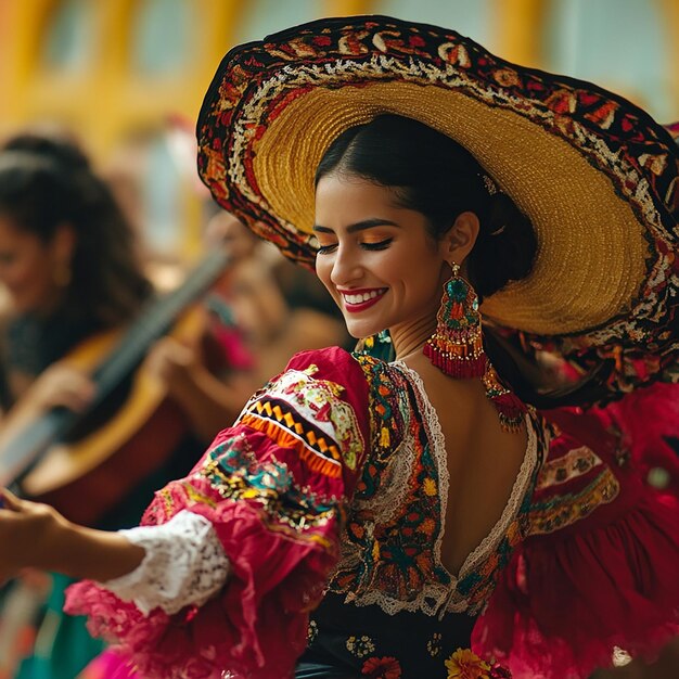 Photo a woman wearing a sombrero and a hat with the word latte on it