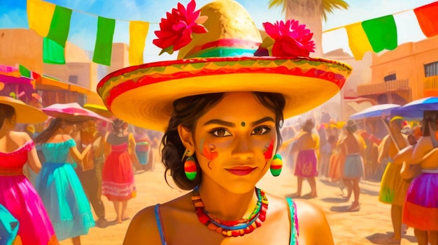 a woman wearing a sombrero is standing in front of a crowd of people