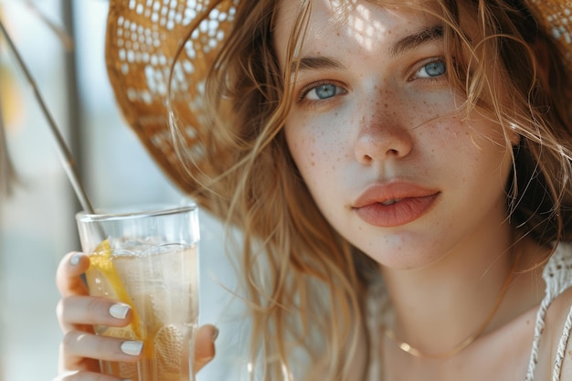 Woman Wearing Straw Hat Holding Glass of Lemonade