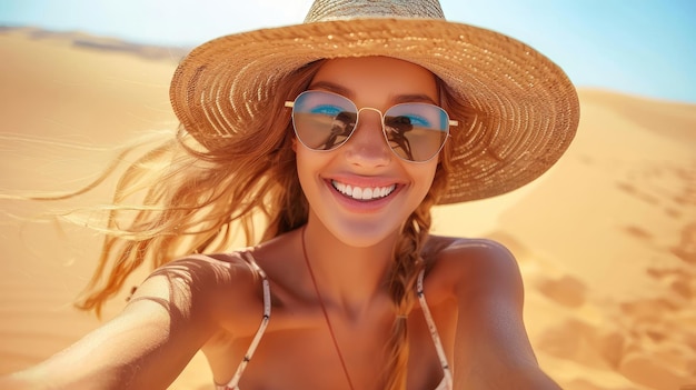 A woman wearing a straw hat and sunglasses is smiling at the camera