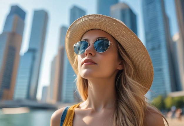 a woman wearing a straw hat and sunglasses looks at the camera