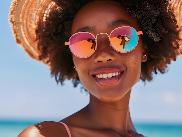 Woman wearing a straw hat and sunglasses outdoors