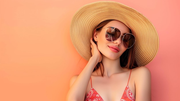 woman wearing a straw hat and sunglasses posing against a pastel orance background