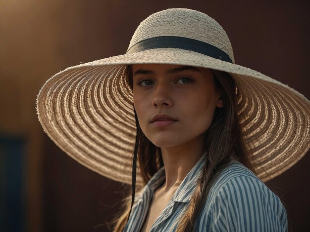 Photo a woman wearing a straw hat with a black band around her neck