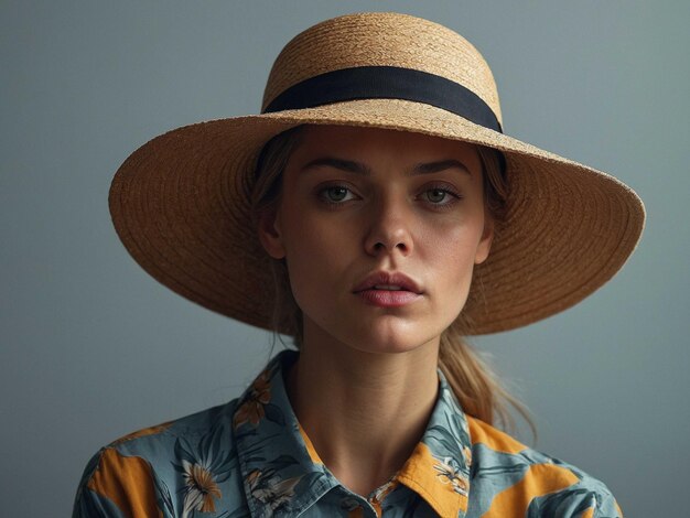 Photo a woman wearing a straw hat with a black band around her neck