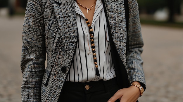 Photo a woman wearing a striped shirt and black pants stands in front of a wall with a gold chain