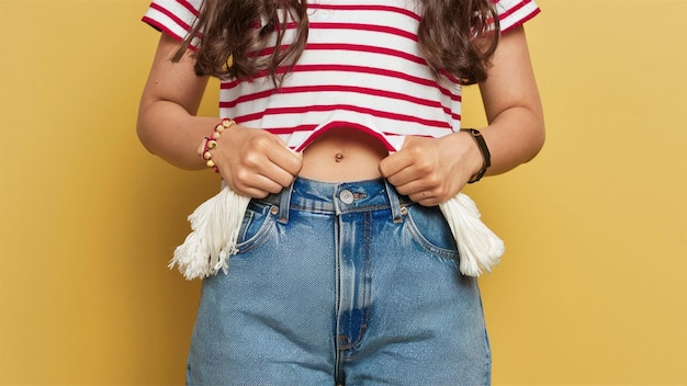 Photo a woman wearing a striped shirt with the word on it