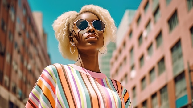 A woman wearing a striped shirt with the word sunglasses on it