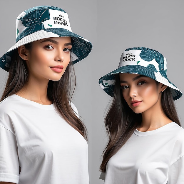 Photo woman wearing stylish bucket hat mockup design