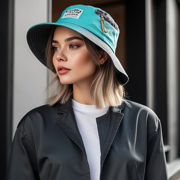 Photo woman wearing stylish bucket hat mockup design