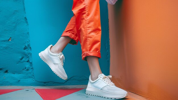 Photo woman wearing stylish and modern sneakers on a marble floor