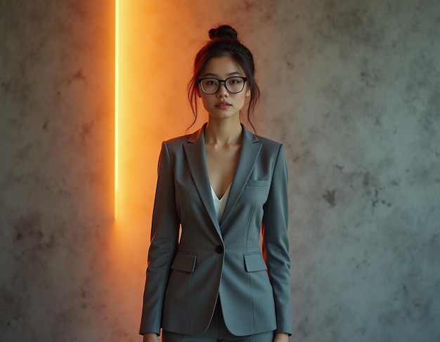 Photo a woman wearing a suit and glasses stands in front of a bright light