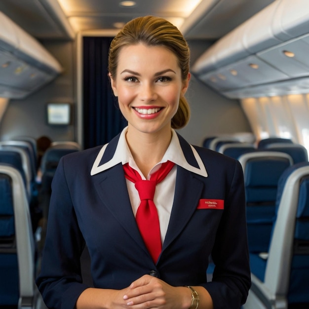 a woman wearing a suit with a red logo on the front