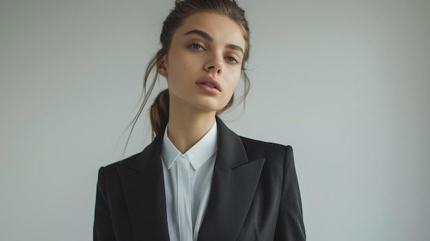 a woman wearing a suit with a white shirt and a black jacket