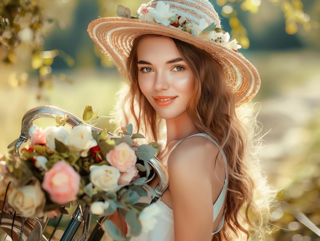 Woman wearing a summer dress holding bicycle with some flowers in the basket outdoors