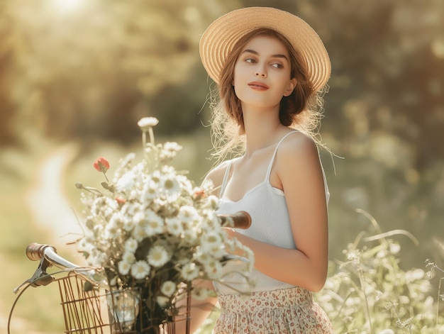 Woman wearing a summer dress holding bicycle with some flowers in the basket outdoors