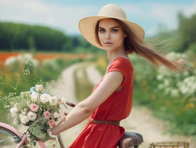 Woman wearing a summer dress holding bicycle with some flowers in the basket outdoors