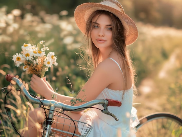 Woman wearing a summer dress holding bicycle with some flowers in the basket outdoors