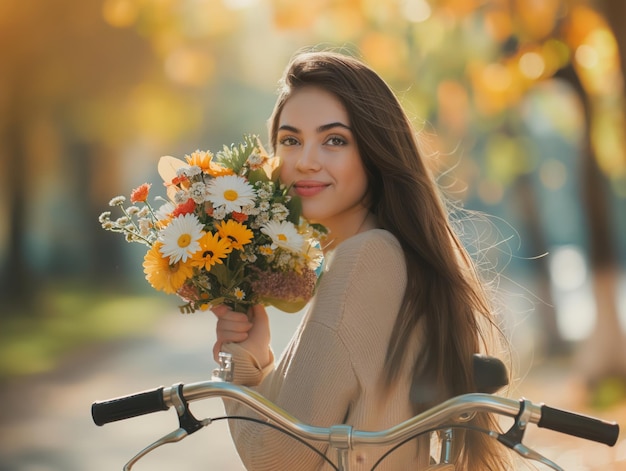 Woman wearing a summer dress holding bicycle with some flowers in the basket outdoors